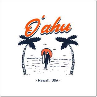 Oahu Hawaii USA Surfing in Hawaii Palm Trees and Ocean Waves Posters and Art